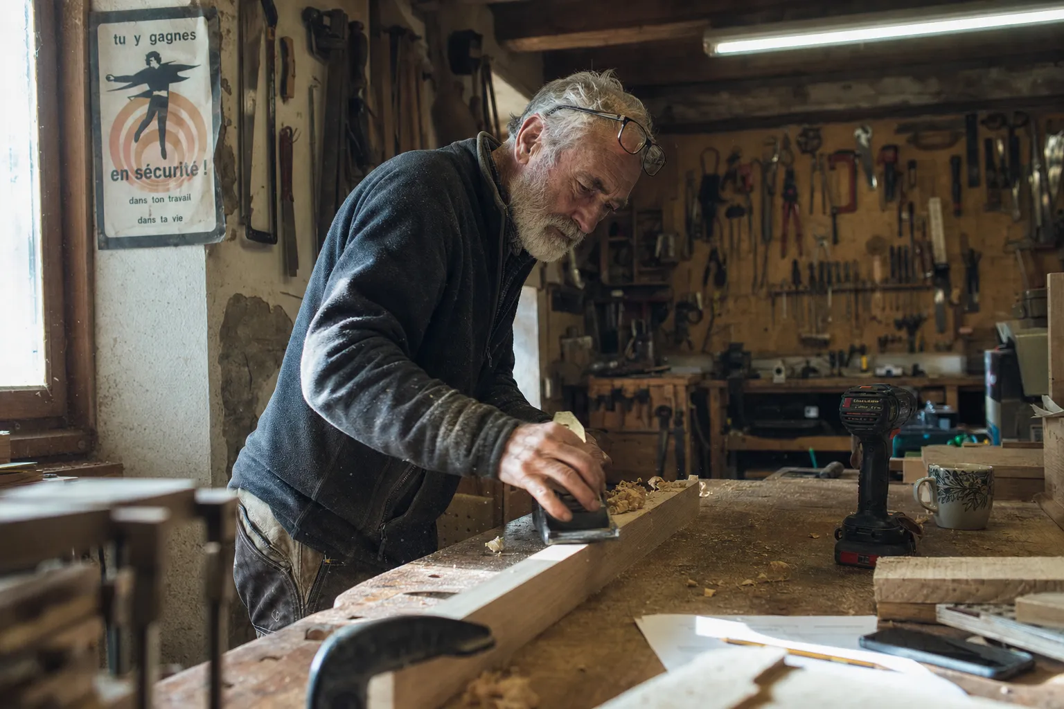 Menuisier au rabot dans son atelier, canton de Vaud