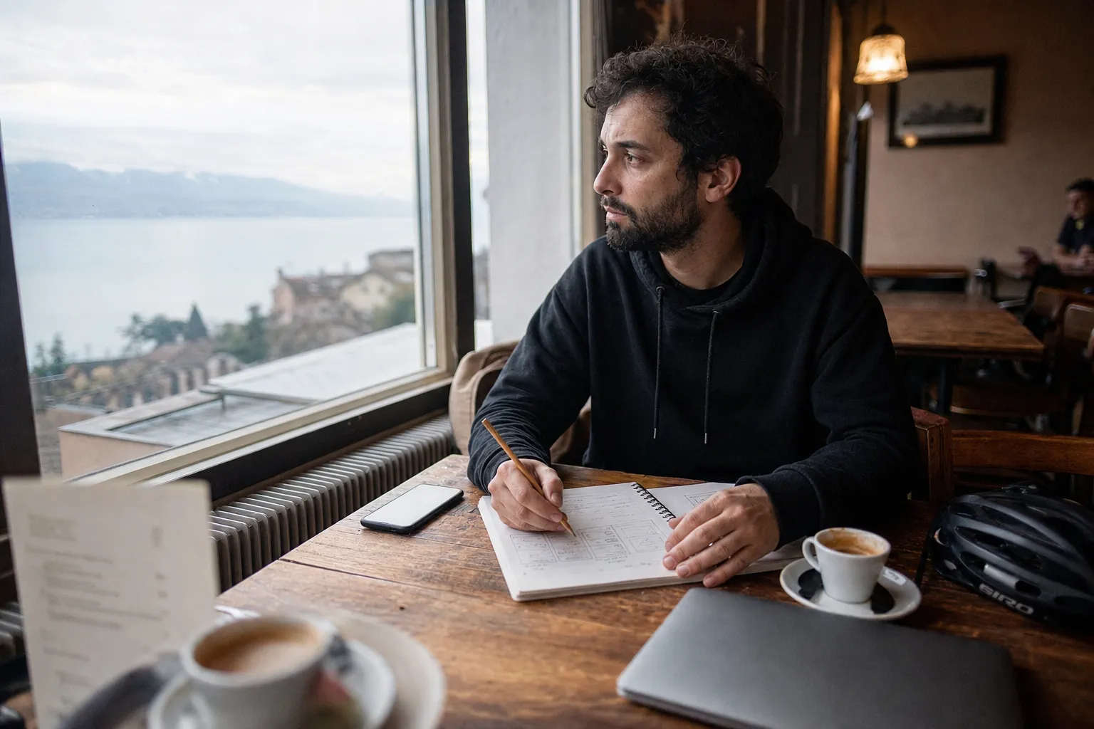 Homme dessinant les écrans d'une application dans un carnet, dans un café face au lac