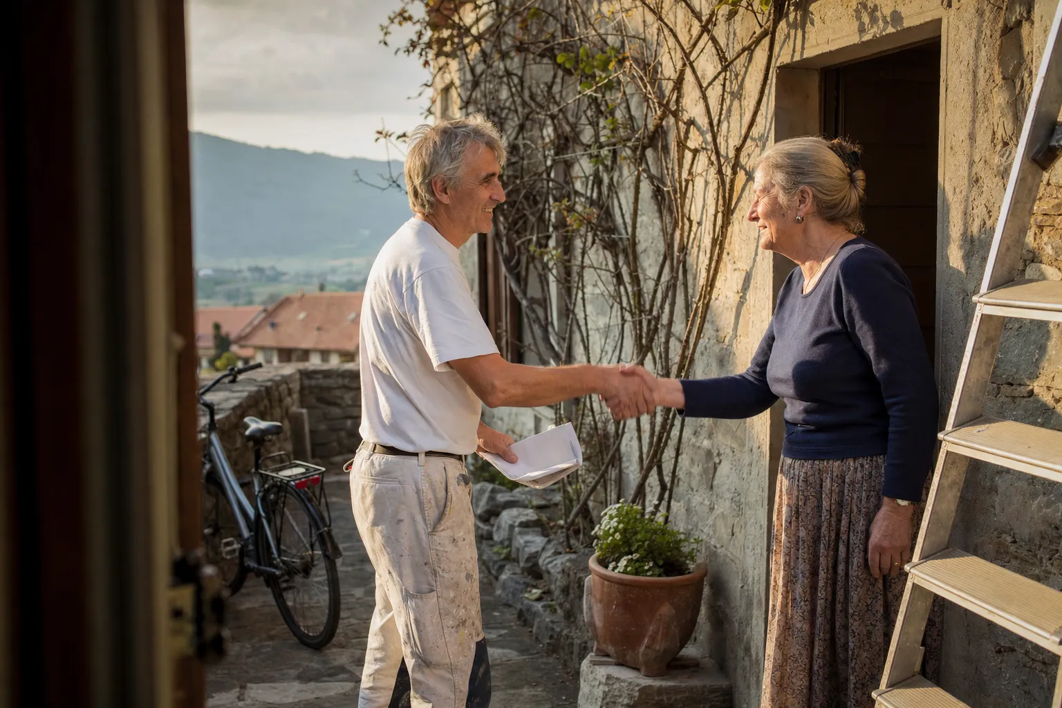 Peintre et propriétaire se serrant la main sur le pas d'une porte en fin de visite