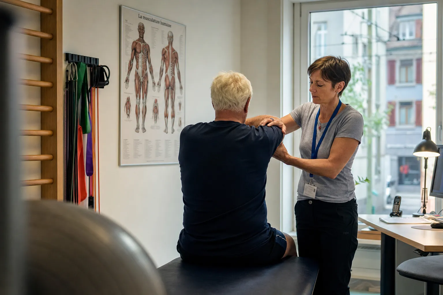 Physiothérapeute guidant l'épaule d'un patient
