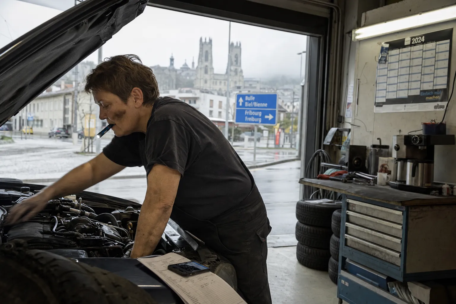 Mécanicienne penchée sur un moteur dans un garage de Fribourg