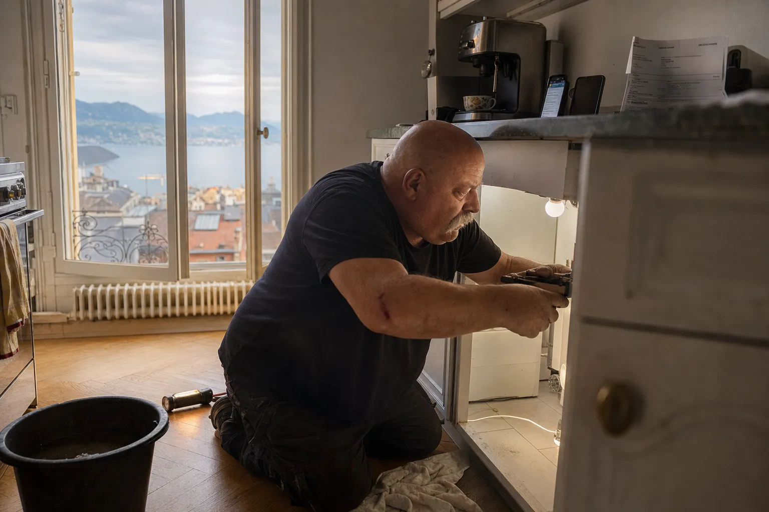 Plombier sous l'évier d'une cuisine ancienne à Lausanne, toits et lac par la fenêtre