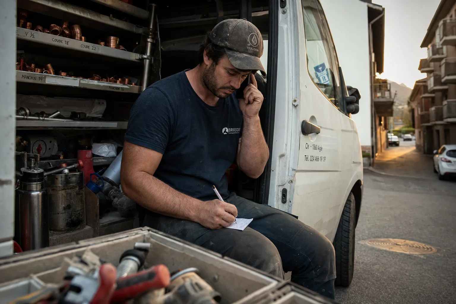 Plombier au téléphone assis dans sa camionnette, Fribourg
