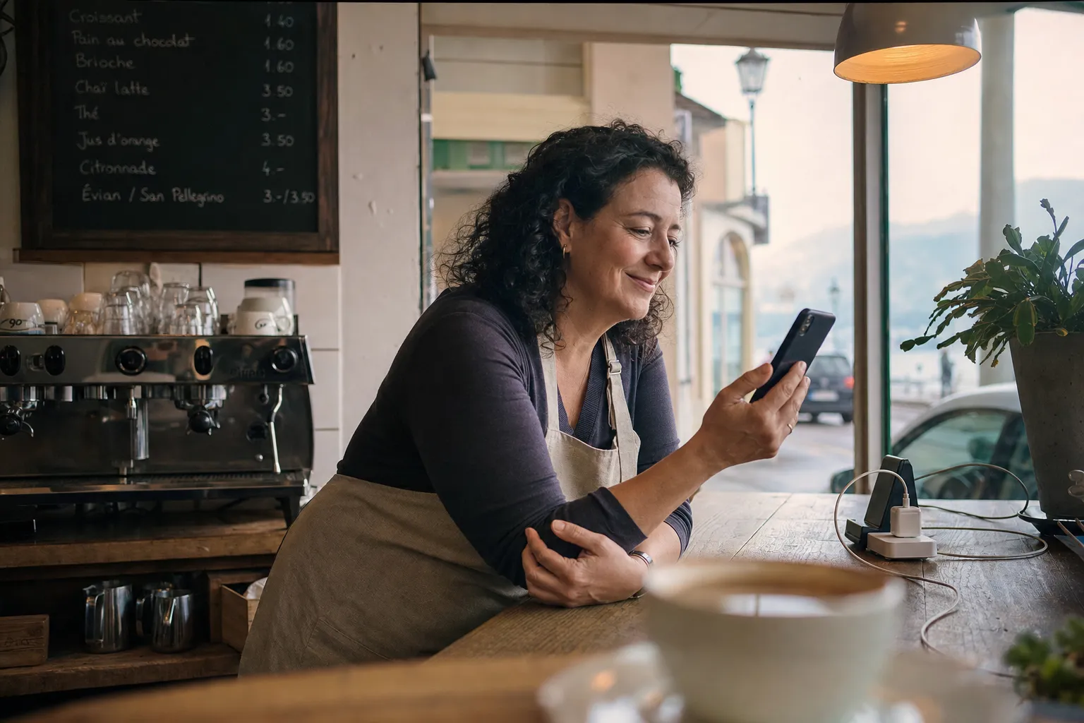 Patronne de café lisant un avis sur son téléphone, un sourire aux lèvres