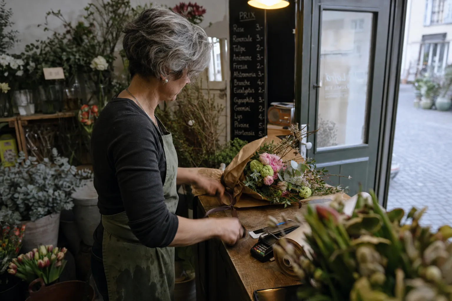 Fleuriste emballant un bouquet sur son comptoir, Neuchâtel