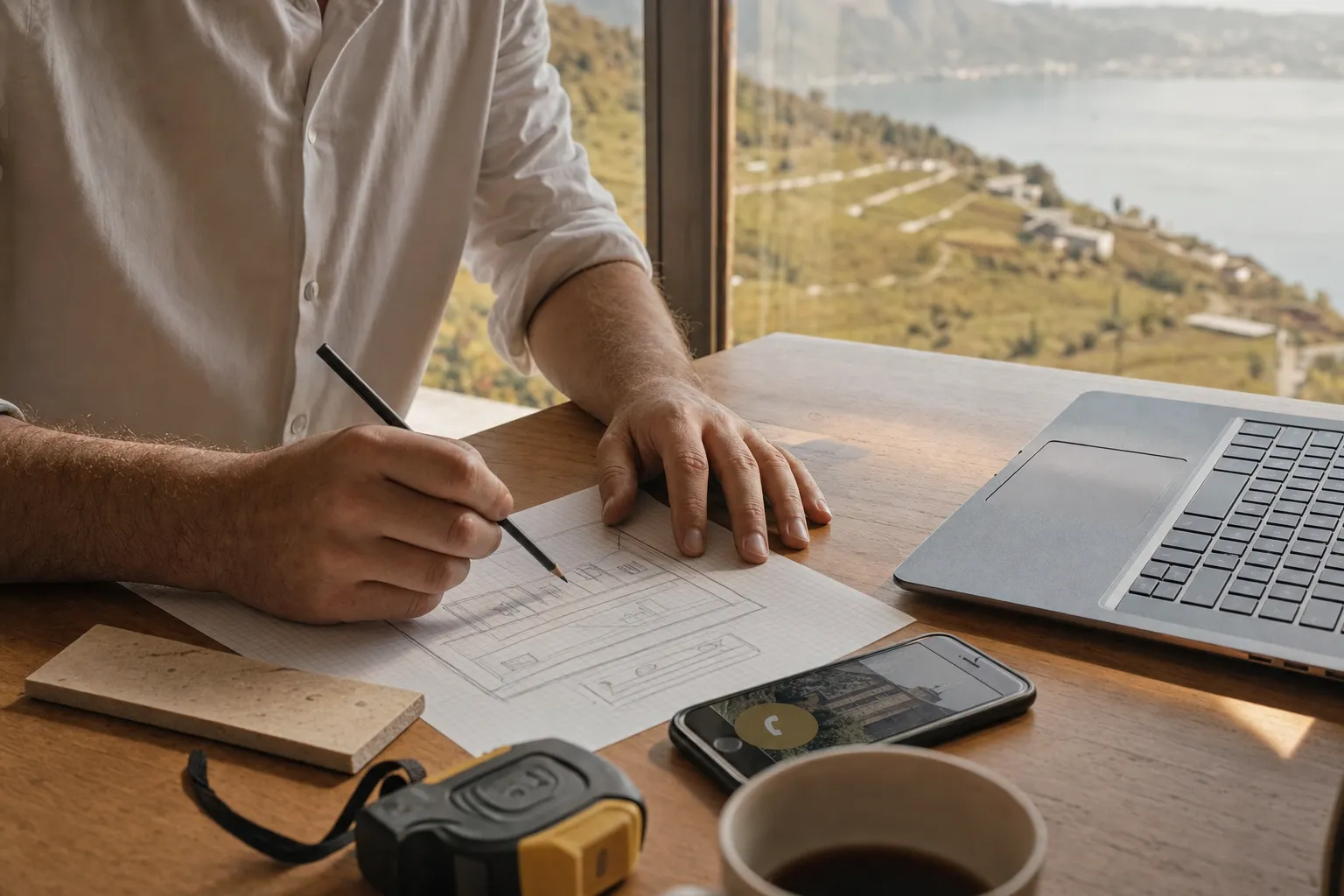 Croquis d'un site mobile au crayon, téléphone et échantillon de carrelage sur la table