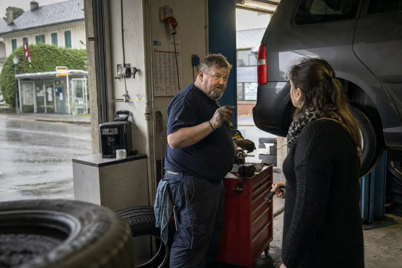 Mécanicien expliquant une réparation à une cliente, Nyon